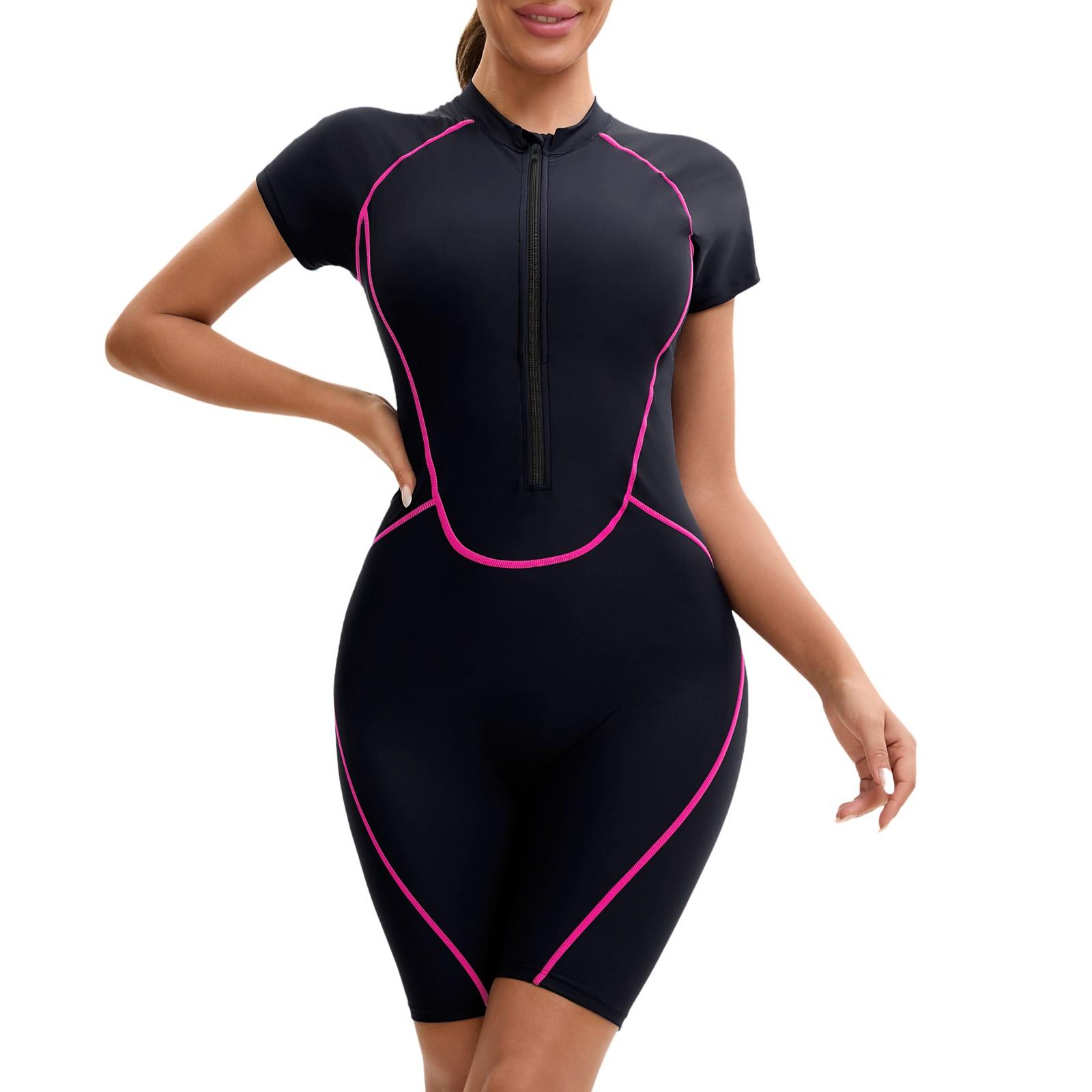 

Женский слитный купальник с короткими рукавами на молнии и плоским углом, женские плавки с тремя точками и подкладкой для груди XXXL розовый