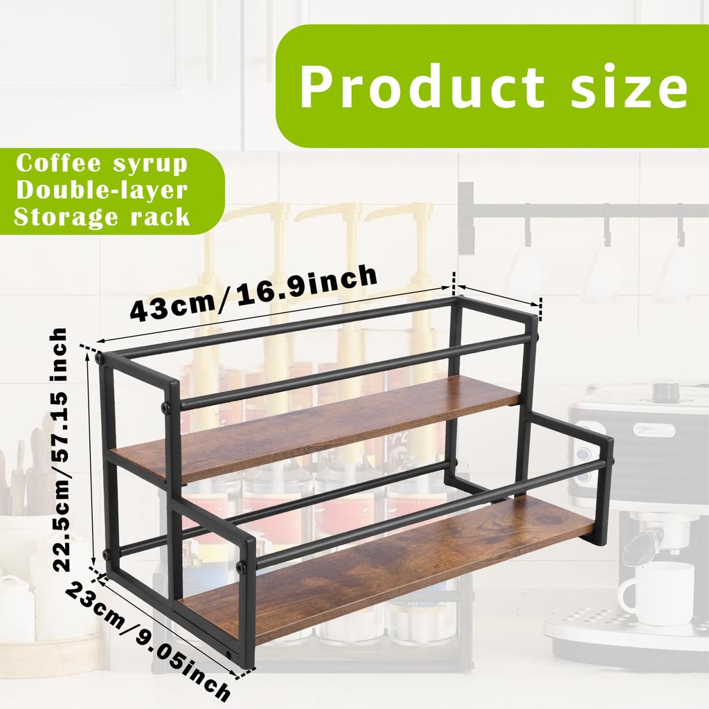 2 Tiers Coffee Syrup Bottle Stand Wine Rack Wood Vintage Kitchen Living Room Bar Syrup Wine Display Shelf