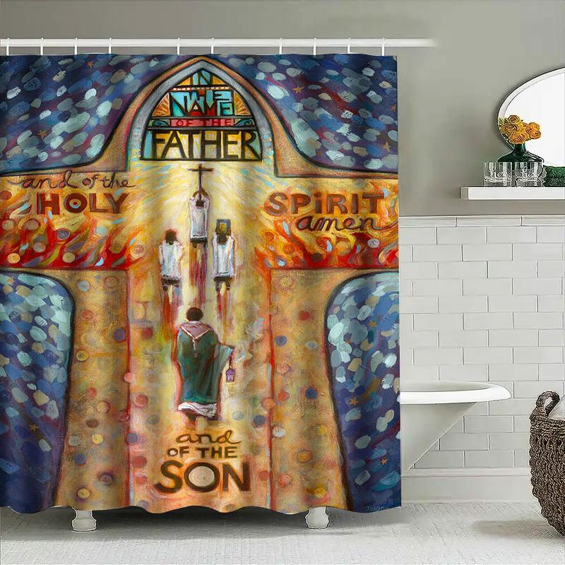 Abstract Religious Art Shower Curtain Cross Design With Holy Spirit And Son Figures Perfect For Bath Decoration