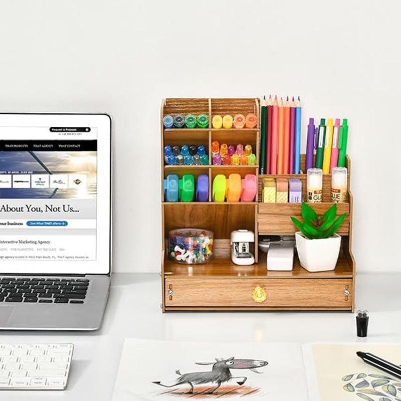 Wooden Desk Organiser Diy Desktop Tidy Pen Holder Large Capacity Stationery Storage Box With Drawer For Home Office And School