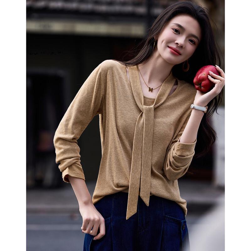 Women's Elegant Slim Fit Round Neck Ribbon Long Sleeve T-shirt