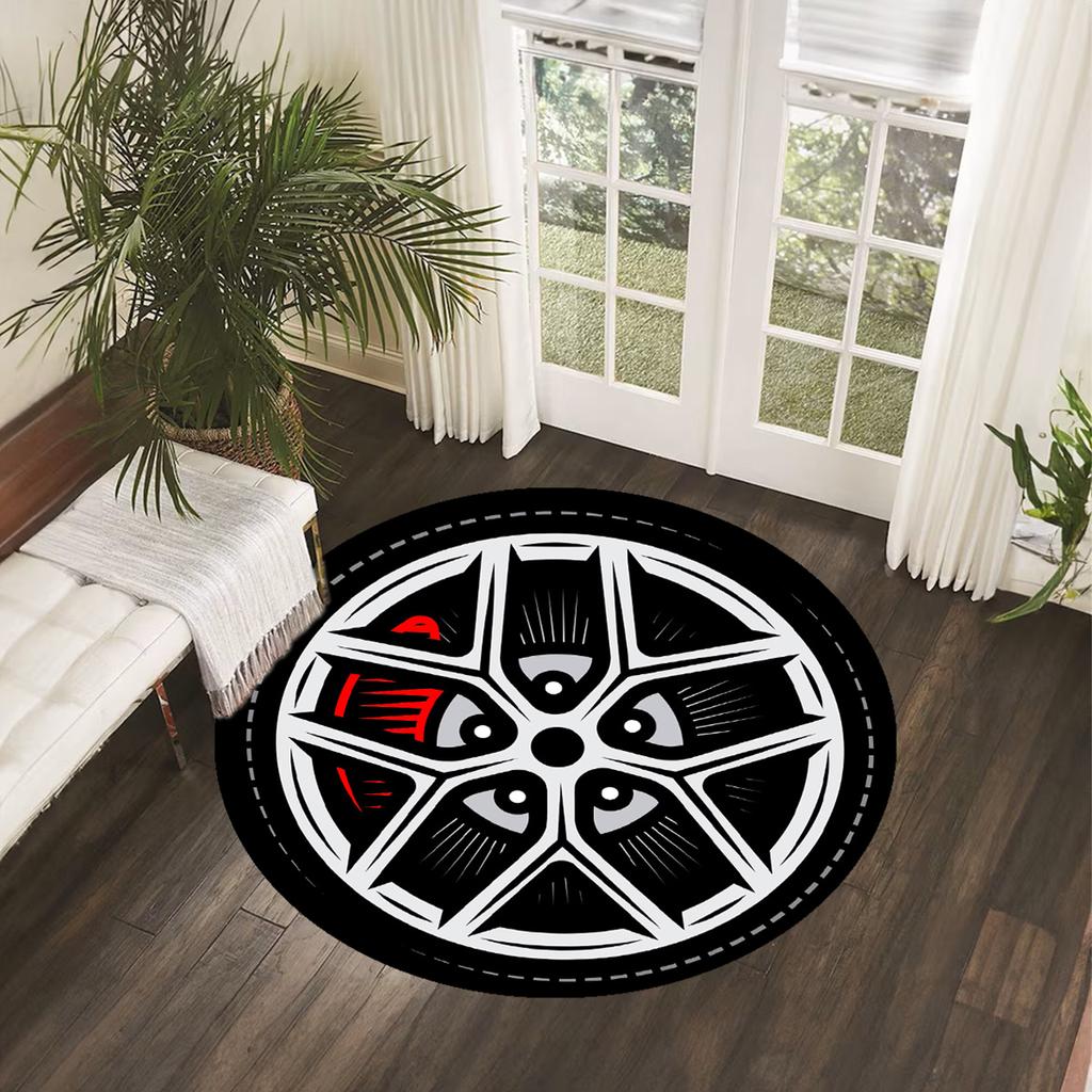 Car Wheel Rim Design Round Rug Flannel Soft Floor Mat for Garage Living Room Bedroom Decor Automotive Theme Home Accessories
