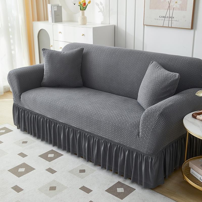 Solid Color Thick Sofa Cover for Living Room Elastic Jacquard 1/2/3/4 Seater Sofa Cover With Skirt