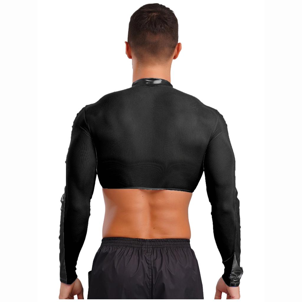 Men Mesh See Through Top Crew Neck Long Sleeve Front Zipper Half Shirt Breathable Metallic Club Top