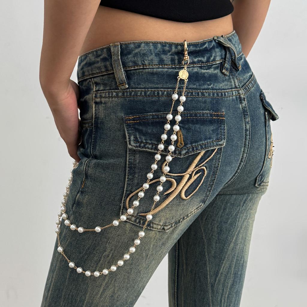 Fashion Cross Pendant Trouser Chain, Cold Style Imitation Pearl Beaded Fringed Waist Chain Pendant