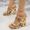 Fashion Fashion Gold High Heel Sandals for Women Square Toe Strange Heeled Party Dress Shoes Woman Summer Double Strap Mule Slippers
