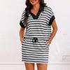 Women Striped Polo Collar Short Sleeve Top and Elastic Waist Skirt Two Piece Set Casual Relaxed Fit Outfit for Daily Wear