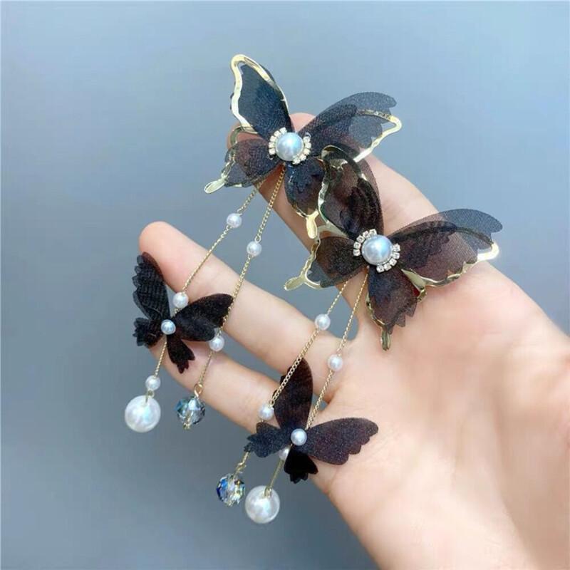New Elegant Fairy Chiffon Buterfly Tassel Earrings For Women Fashion Imitation Pearl Dangle Drop Earrings Party Wedding Jewelry Gifts