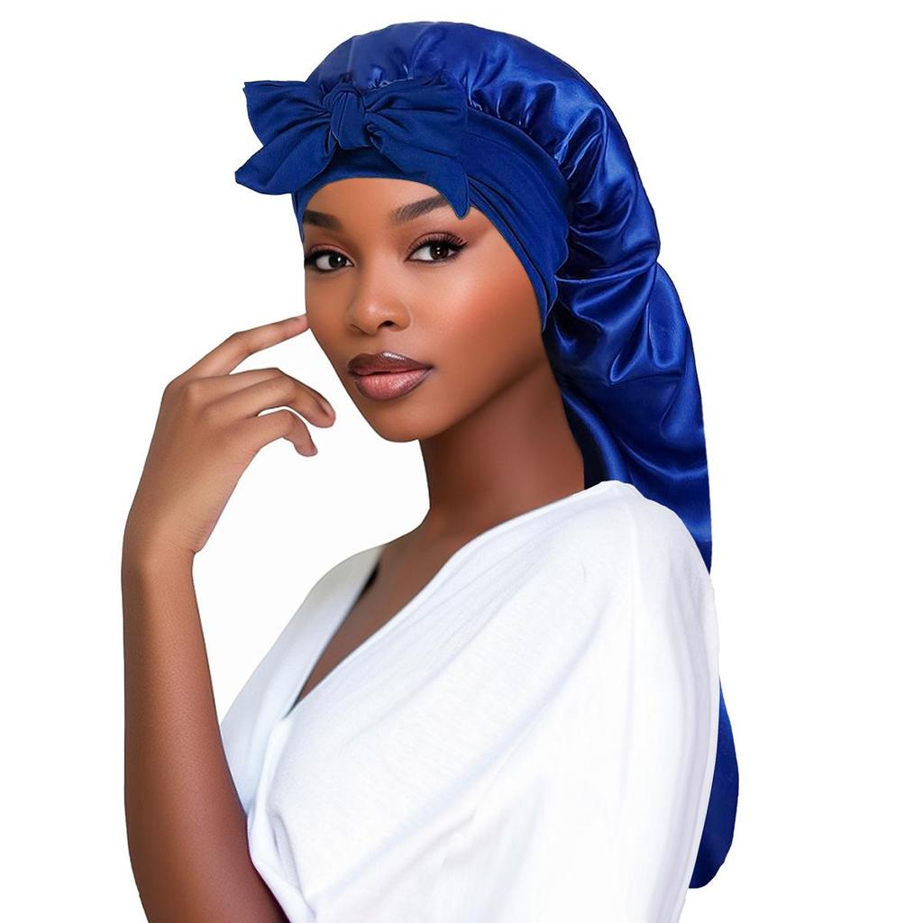 European & American Style Satin Sleep Cap with Bow and Long Tail for Women - High Elasticity, Large Head Circumference, Hair Protection