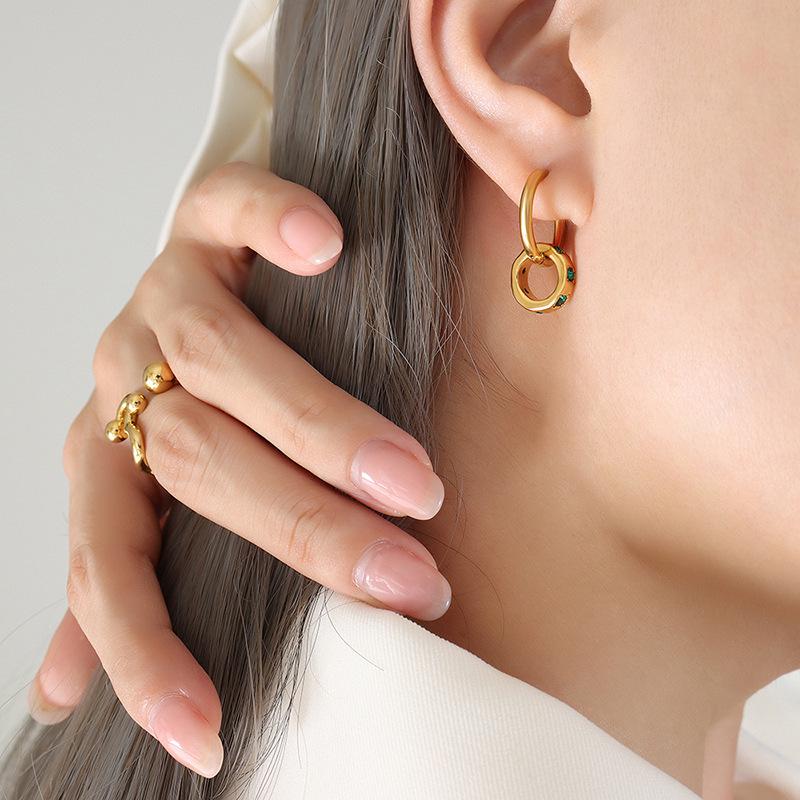 Gold Plated Titanium Steel Earrings with Green Zirconia Ring Pendants