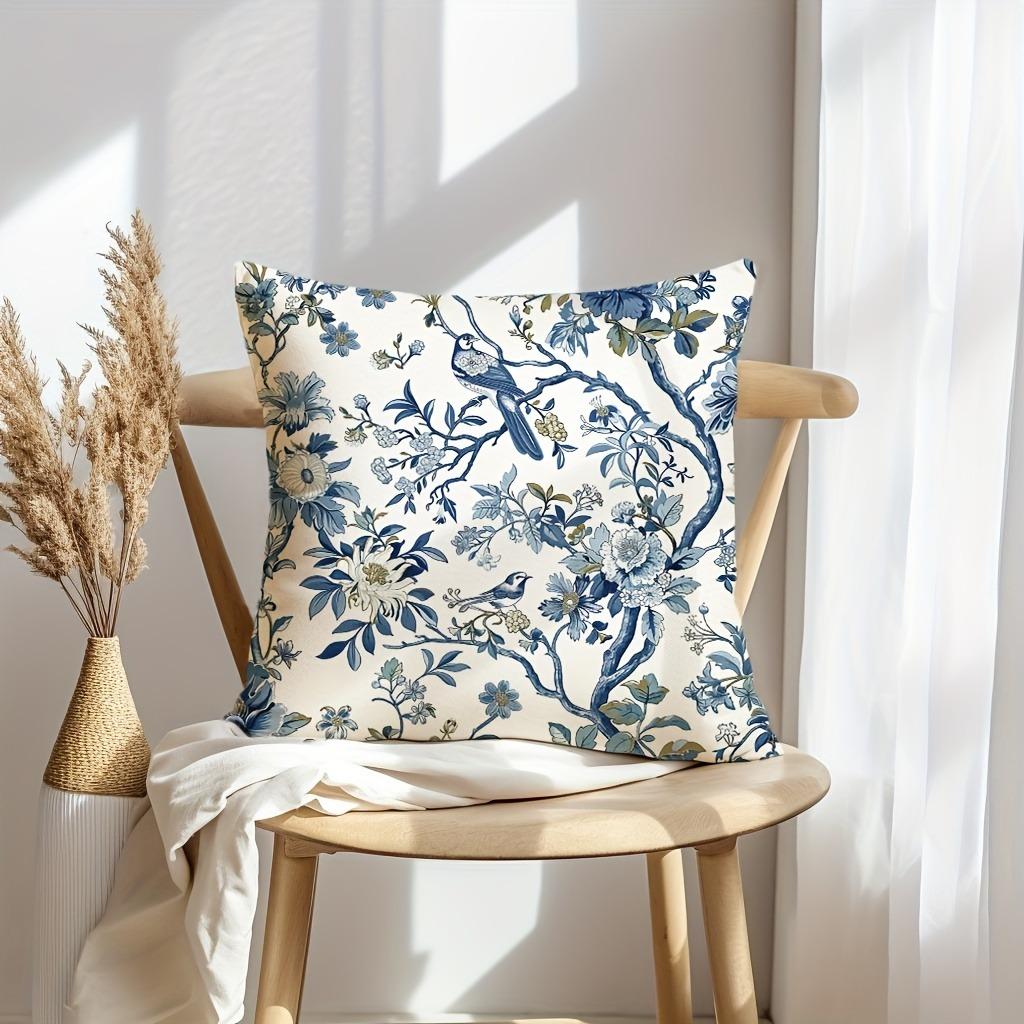 Retro blue floral bird pattern printed pillowcase living room sofa cushion cover bedroom room home decoration
