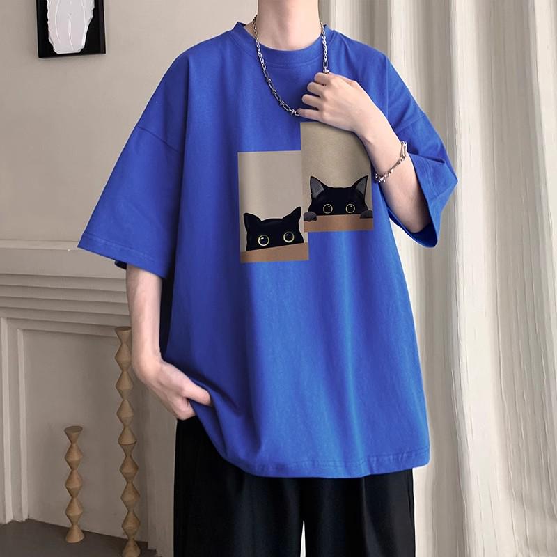 Men's Short-Sleeve Cotton Loose Print Round Neck Tee