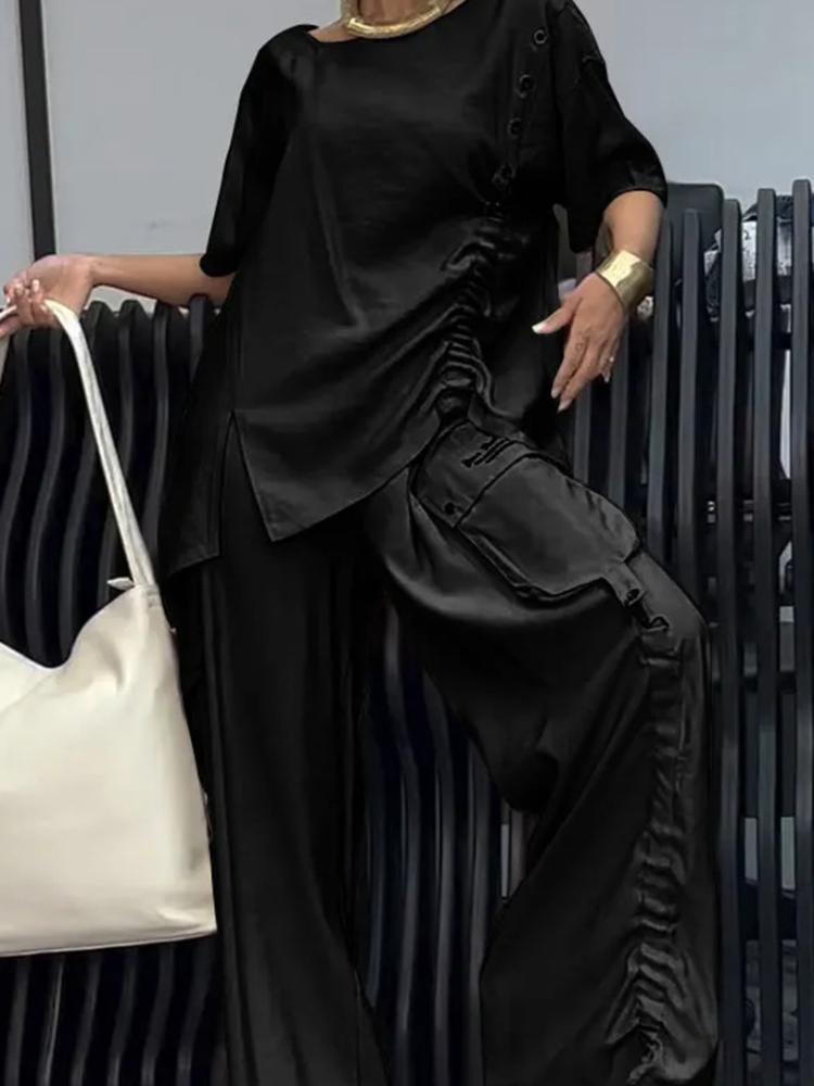 

Женский повседневный свободный топ с короткими рукавами, плиссированной деталью и комплект брюк с широкими штанинами светло-бежевого цвета XXL чёрный