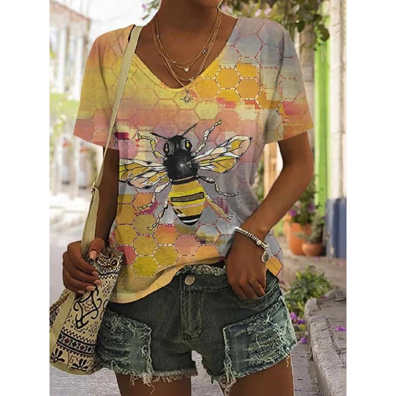 T-shirt da Donna Estiva con Stampa 3D Scollo a V Moda Versatile Traspirante Tendenza Casual