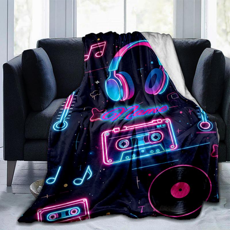 1PC Custom Name Neon Music Vibes Outdooor Flannel Blankets Throw Blanket All-Season Throw Gift Bedspread for Couch, Bed, Camping Holiday Birthday Gift