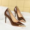Shallow Heeled High Heels for Women, Pointed Iron Toe Decorative Super High Heels, Patent Leather Single Shoes