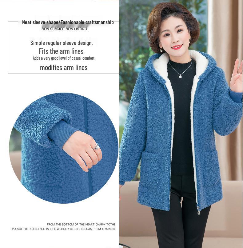 2025 Stylish Winter Coat for Middle-Aged Women: Plus Size, Hooded, Thickened Fleece Jacket with Velvet, Autumn/Winter