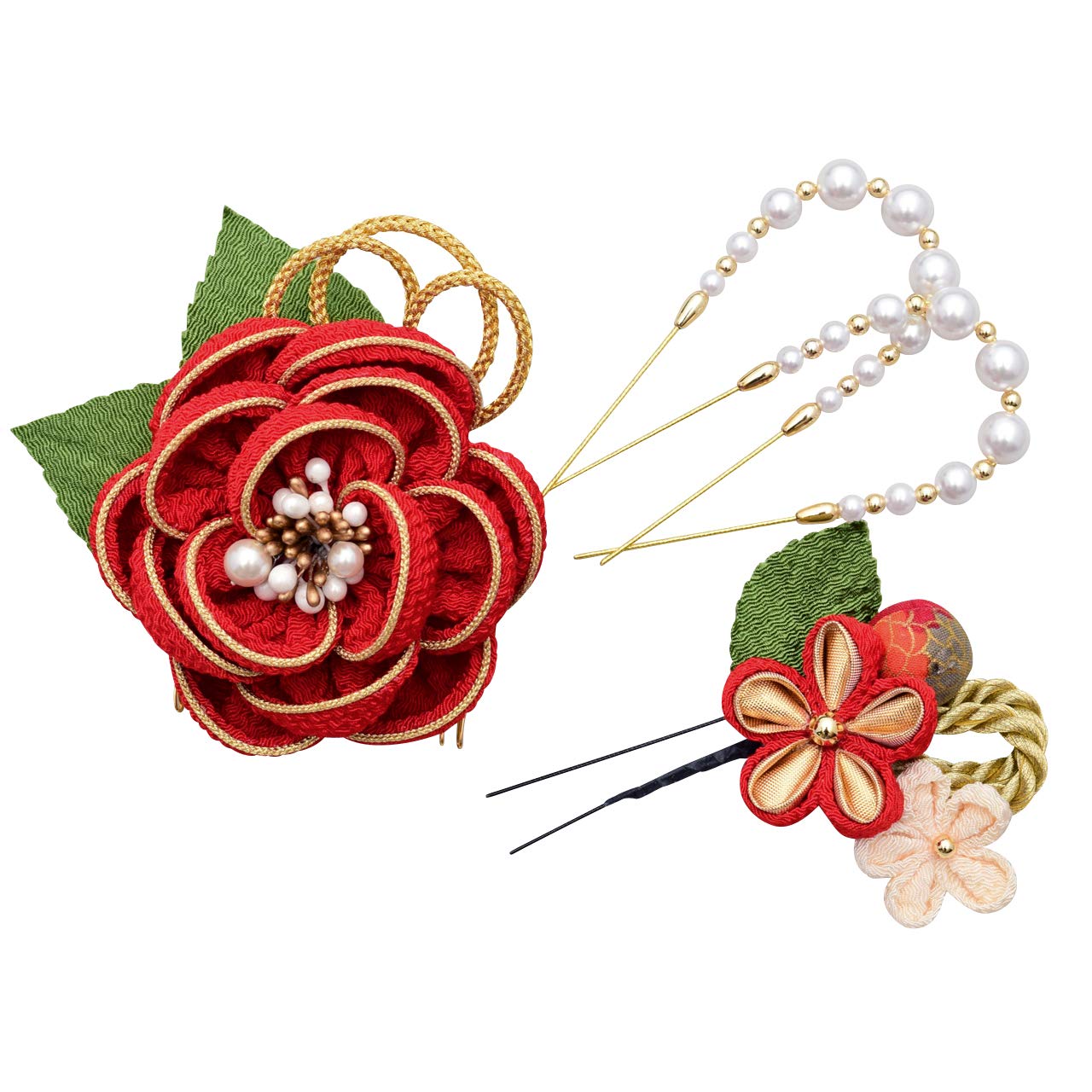 

Украшение для волос на церемонию совершеннолетия Хакама Церемония вручения дипломов Камелия Красный Японский стиль Японский узор Гребень Жемчужный U-образный набор шпилек Сделано в Японии Кимоно красный