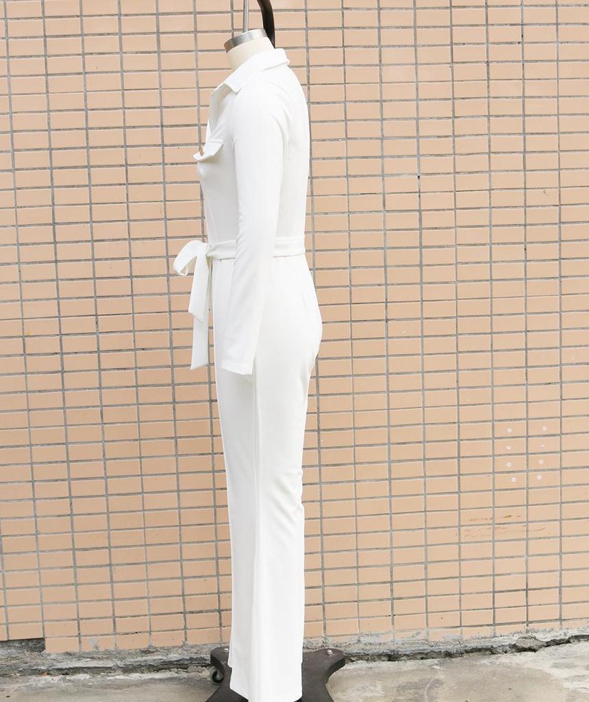 2025 Autumn/Winter Long-Sleeve Shirt Collar Jumpsuit with Mid-Waist Long Pants