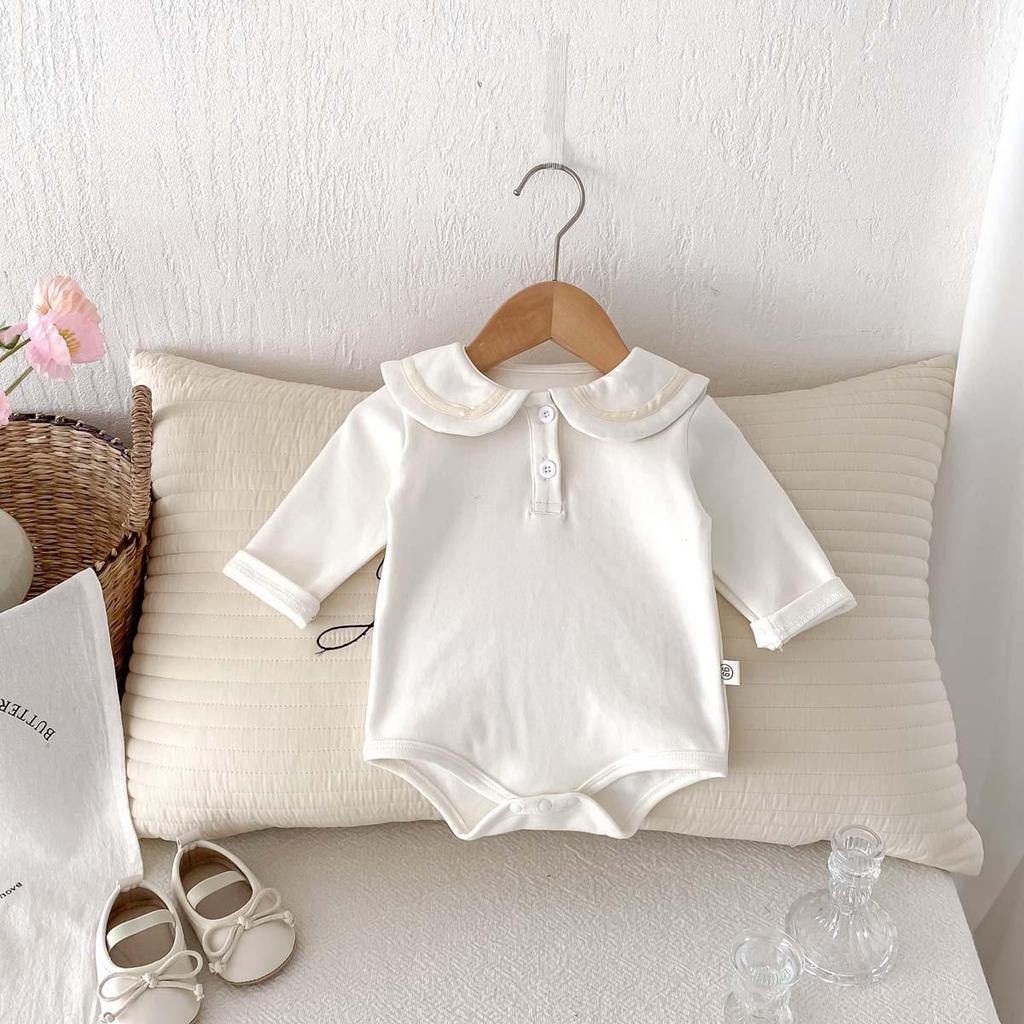 Body de toamnă unisex pentru bebeluși cu guler păpușă – cu mâneci lungi, salopetă din lână pentru căldură