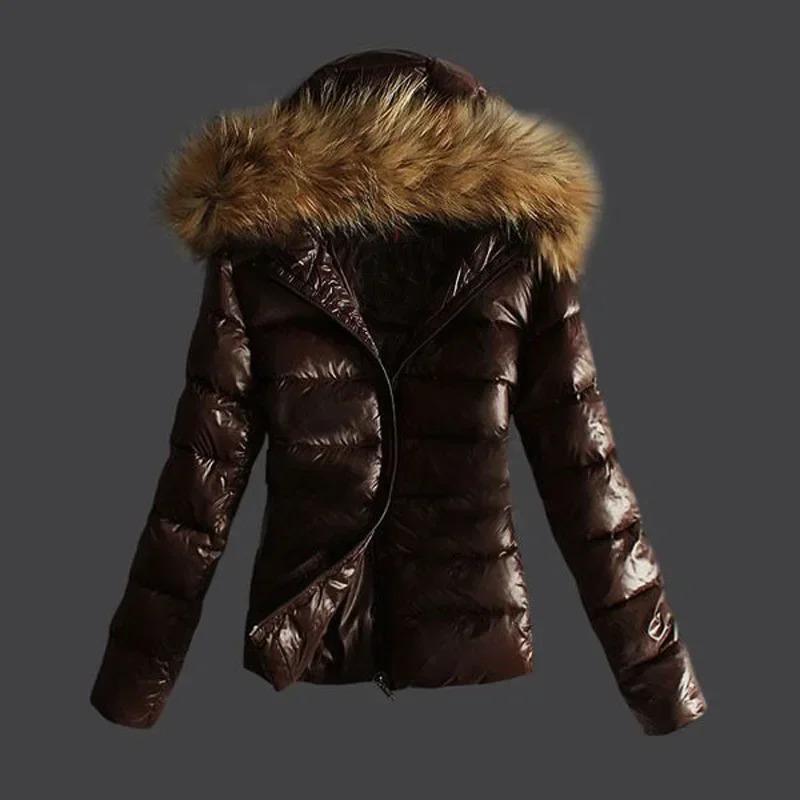 Giacca invernale da donna, nuova moda casual slim in cotone con collo in pelliccia sintetica e cappuccio, calda giacca con cappuccio in pelle PU con cerniera