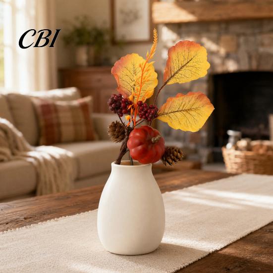 Pumpkin And Berry Centerpiece Autumn Flower Bouquet, Artificial Fall Floral Picks with Maple Leaves Pumpkins Orange Yellow Berries Pine Cones