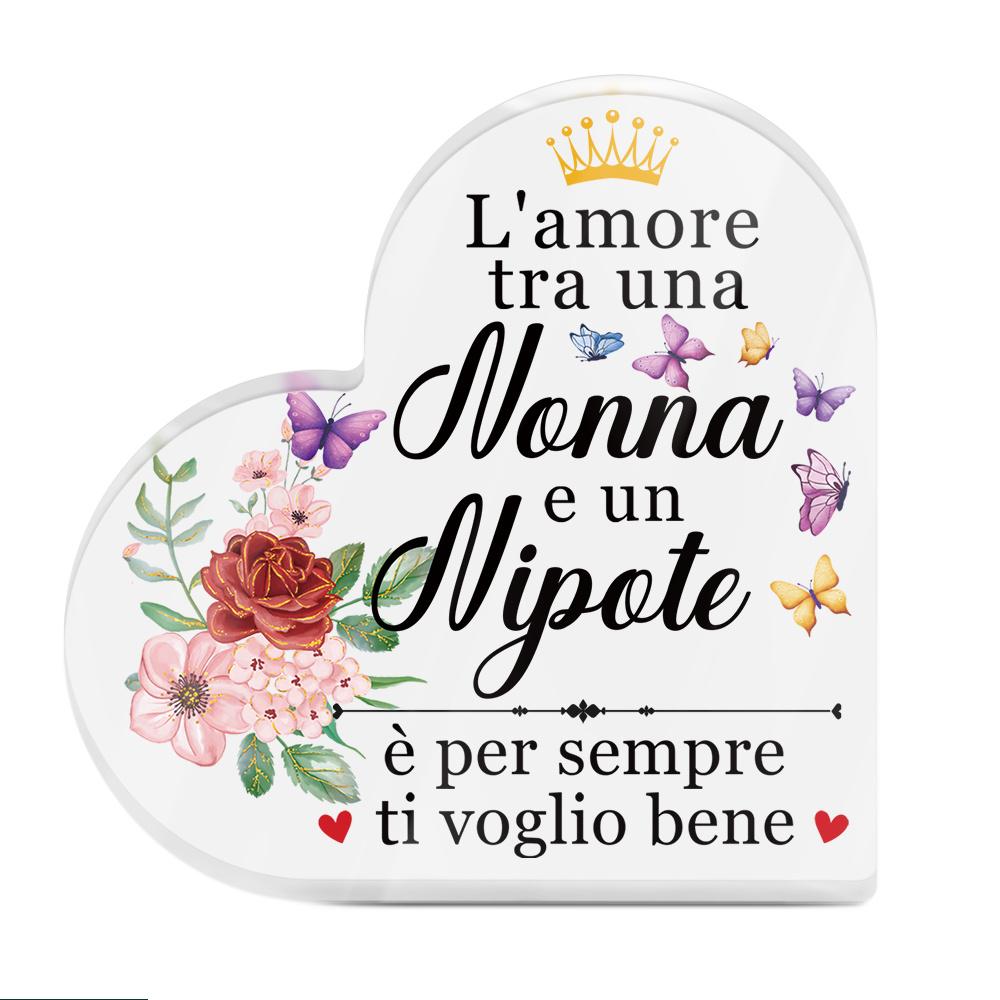1pc Italian Heart-Shaped Acrylic Sign Table Decor - Bilingual Italian/ English Grandma & Grandchild Love Quote, Floral Butterfly Design 10*10cm