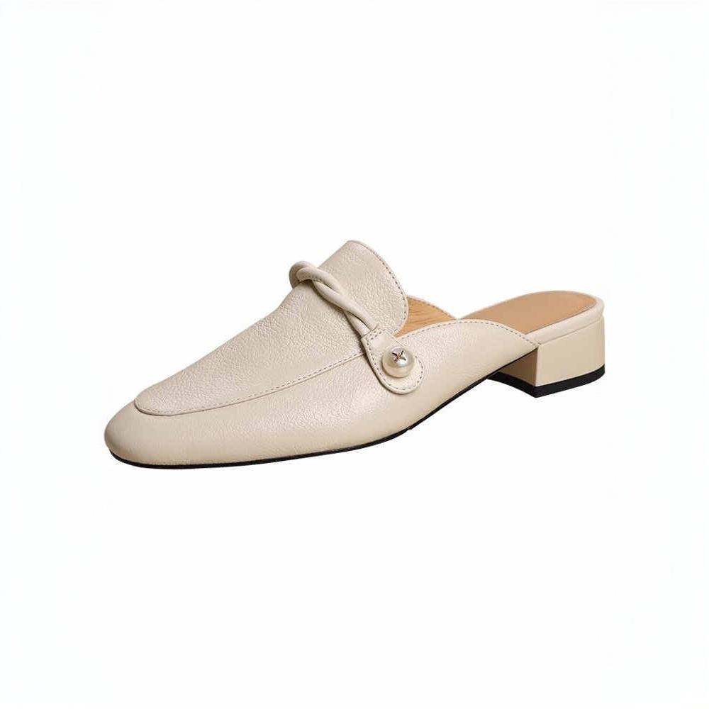 Fashion French Style Slimming Soft Leather Mule Sandals Women Mid Heel Chunky Heel Summer Slip On Shoes