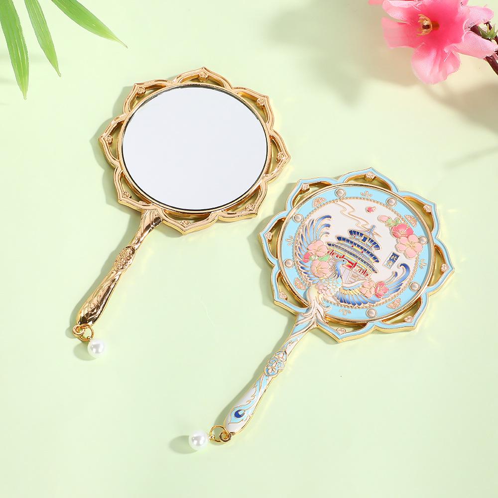 Lotus Handle Makeup Mirror with Temple of Heaven Pearl Pendant - Portable Cultural Style Mirror