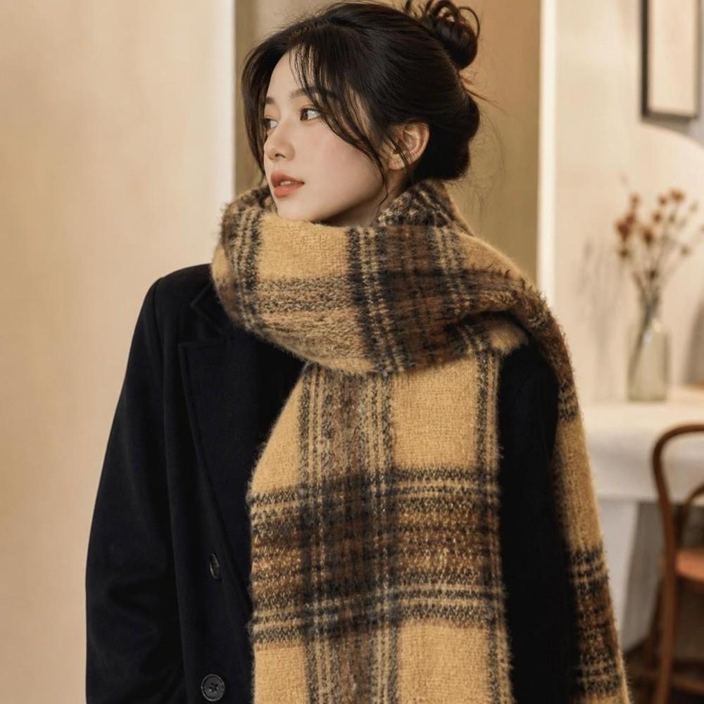 Warm Fleece Tassel Scarf Windproof Fall Winter Shawl Wrap Versatile Mohair Plaid Scarf  Girls