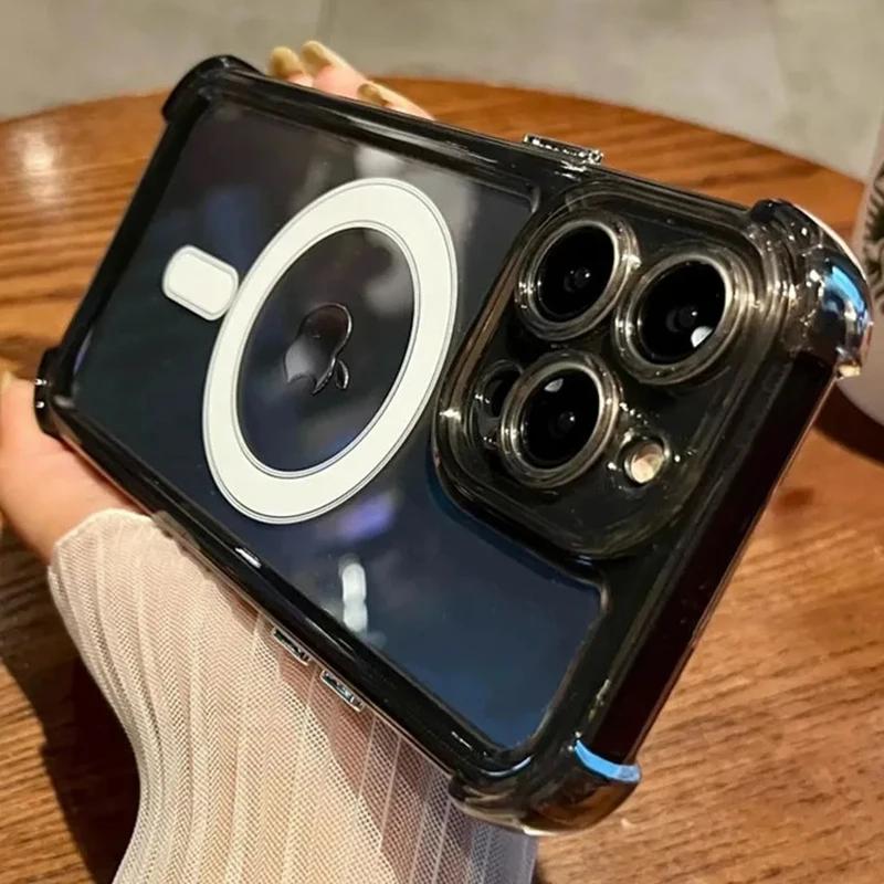

Роскошный прозрачный чехол Magsafe для беспроводной зарядки iPhone 15 14 13 12 11 Pro Max Plus с магнитным противоударным мягким бампером iPhone 16 Pro Max чёрный