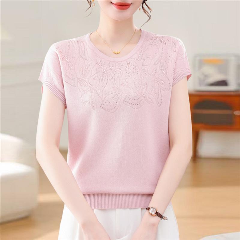 2026 New Style Women's Ice Silk Blouse - Fashionable Batwing Short Sleeve Round Neck for Middle-Aged & Elderly