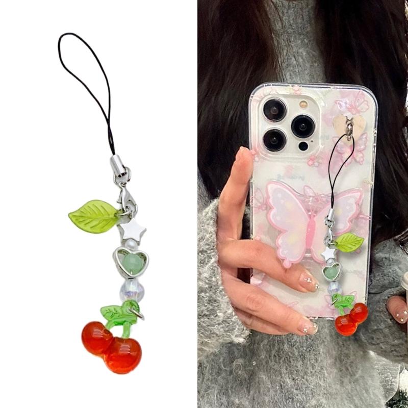 Strawberry/Cherry Beaded Keychain Charm Colorful Fruit Keyring for Women and Girls Bag Accessories Purse Decoration