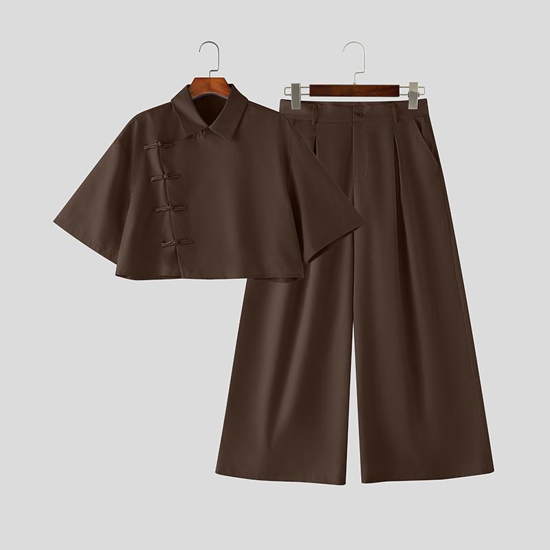 INCERUN Two Pieces Summer Men Lapel Neck Short Sleeve Cropped Tops and Pants Sets