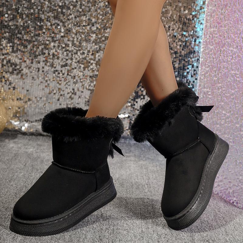 New Fashionable Bow Round Toe Elegant Snow Boots Winter Flat Wear-resistant Soft Students Plus Velvet Warm Women's Shoes