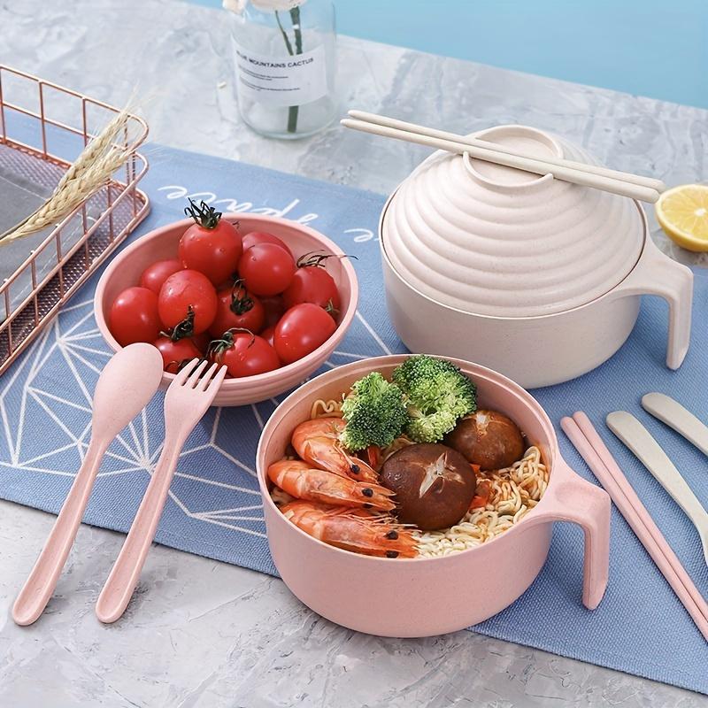 5pcs Wheat Straw Lamian Noodles Bowl and Lunch Box with Lid Spoon, Fork and Chopsticks Especially Suitable for Kitchen Tableware