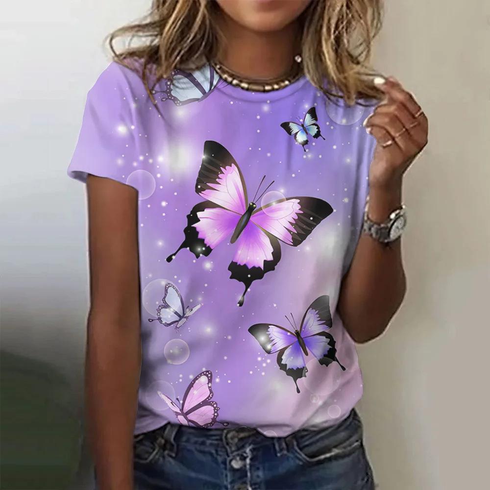 Butterfly and Flower Pattern 3D Digital Printing Women's Fashion Round Neck Short Sleeve T-shirt