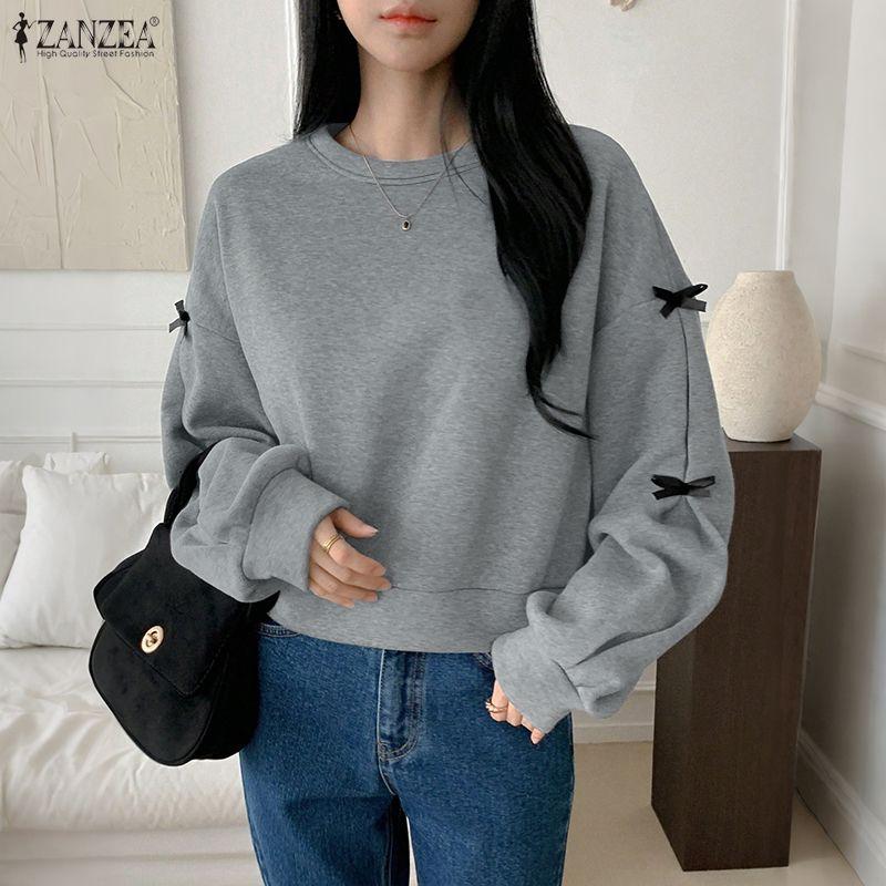 ZANZEA Women Casual Round Neck Long Sleeve Thin Pullover Sweatshirt