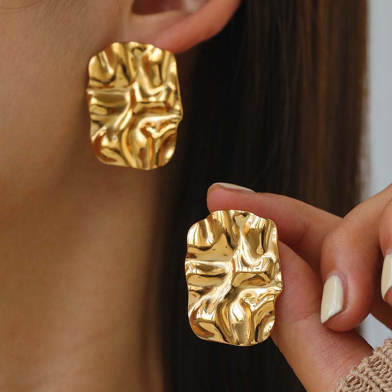 

Stainless Steel Metal Pleated Square Stud Earrings For Women Vintage Gold Color Irregular Geometric Earrings Zircon Gift