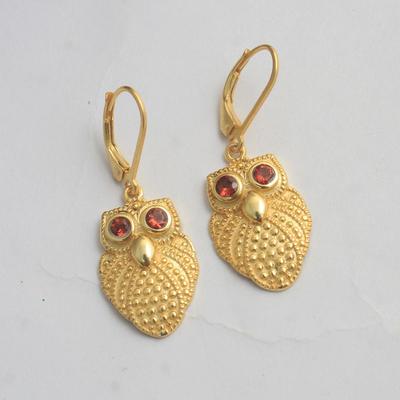 Yellow Gold Plated Garnet Owl Earring 925 Sterling Silver Handmade Leverback Lock Jewelry