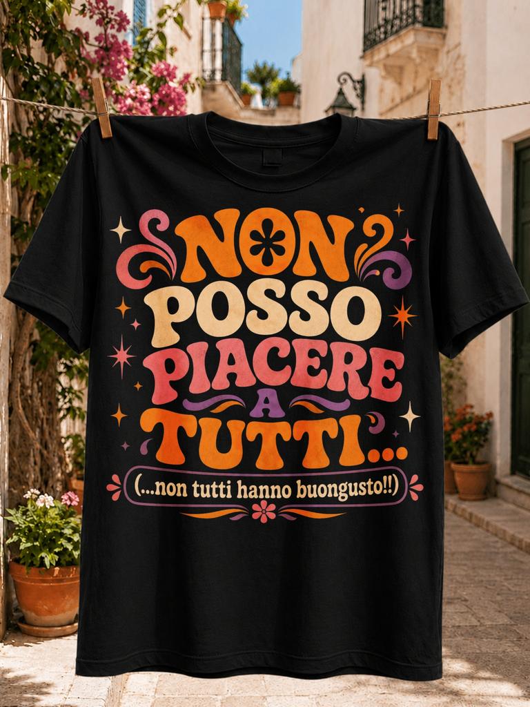 Italian Cat Please Everyone Quote Graphic Groovy Orange Pink Retro TypographyStars and Floral Unisex All TShirt