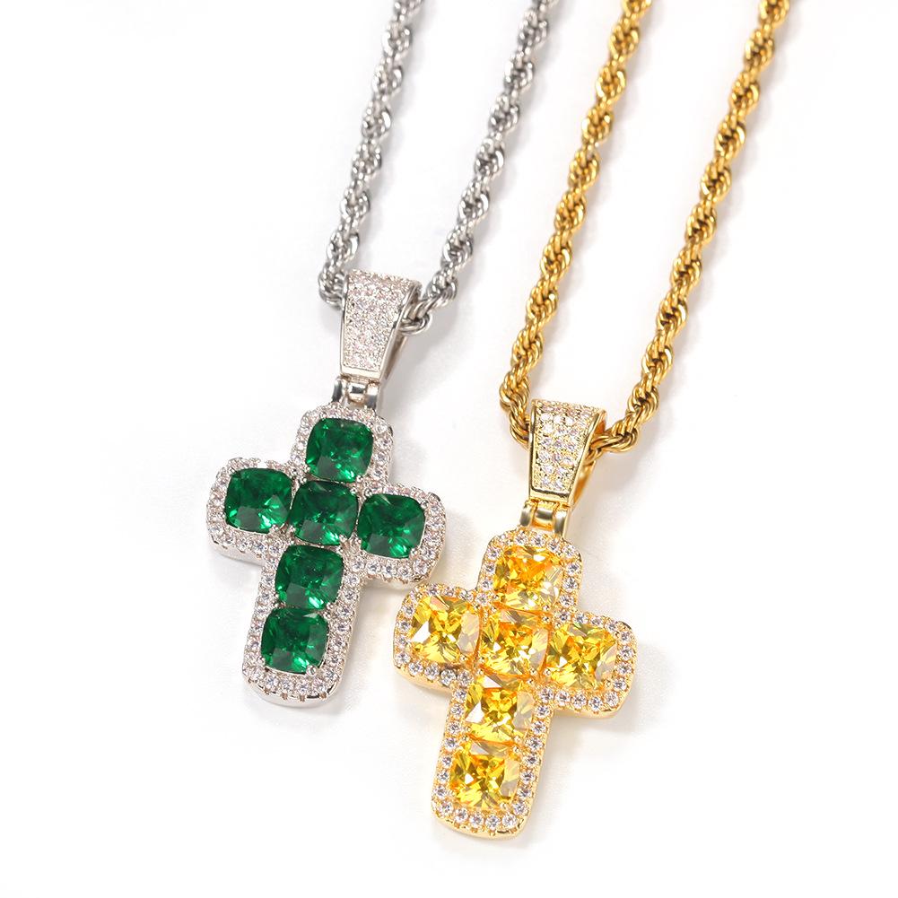 Gu Meng Hip-Hop Fashion Pendant: Copper Cross with Colored Zircon