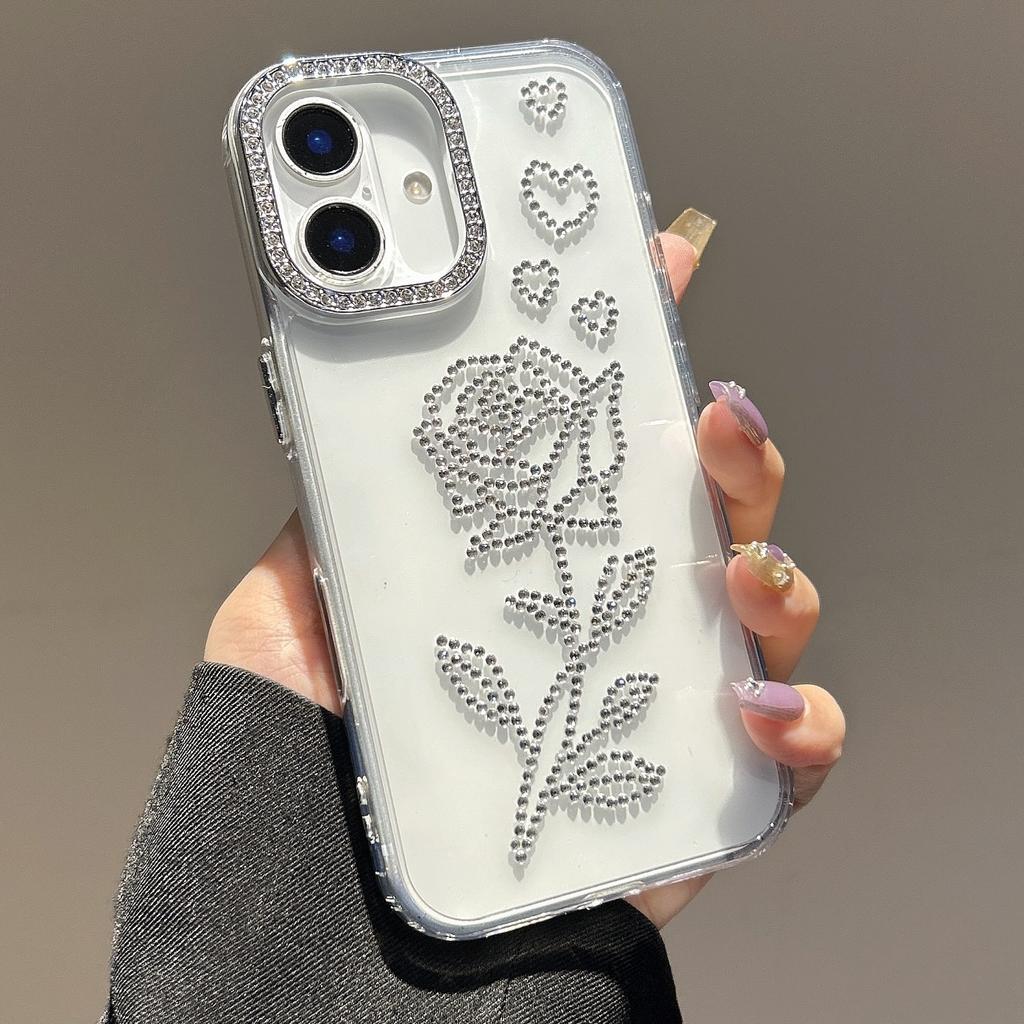 Diamond Rose Case For iPhone 14 Pro 15 ProMax 16 Pro Max Glitter Transparent Cover Funda For iPhone 13 12 11 Luxury Phone Shell