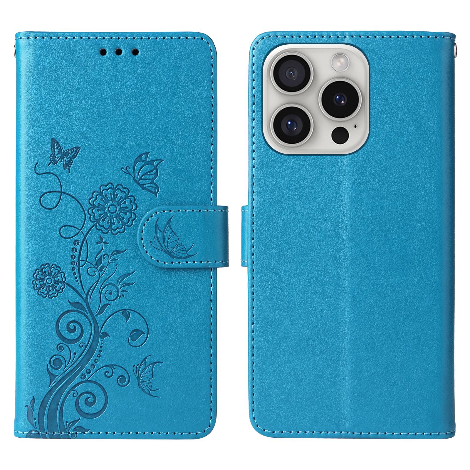 

For iPhone 16 Pro Leather Case Butterfly Floral Imprint Wallet Stand Cover B