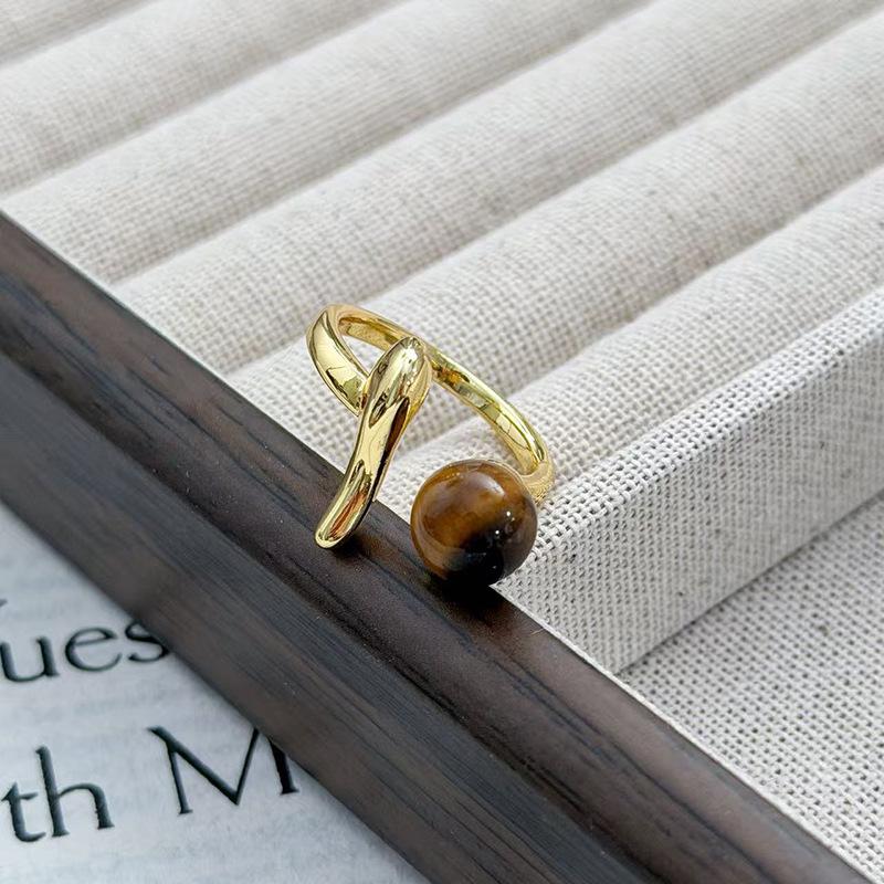 Tiger'S Eye Stone Geometric Opening Ring Women'S Retro Fashion High-End Temperament Irregular Index Finger Ring