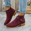 Block Heel Short-thigh Boots Women's Fashion Round Toe Suede Metal Buckle Anti-slip Wear-resistant Kitten Heels