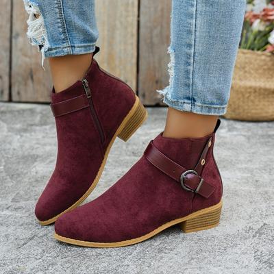 Block Heel Short-thigh Boots Women's Fashion Round Toe Suede Metal Buckle Anti-slip Wear-resistant Kitten Heels