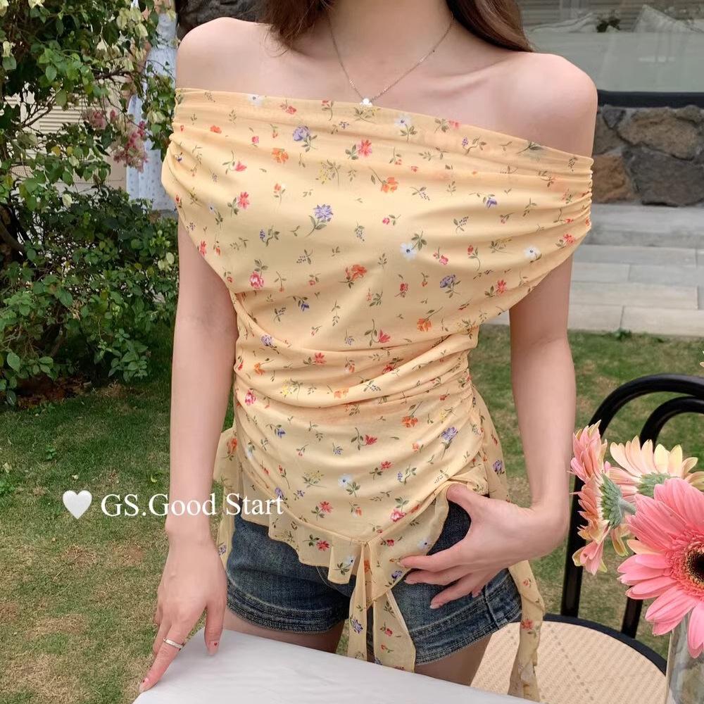 

Женский корейский топ с цветочным принтом, открытыми плечами и неровными лентами - Новинка лета 2025 года, приталенный дизайн M [Premium Edition]
