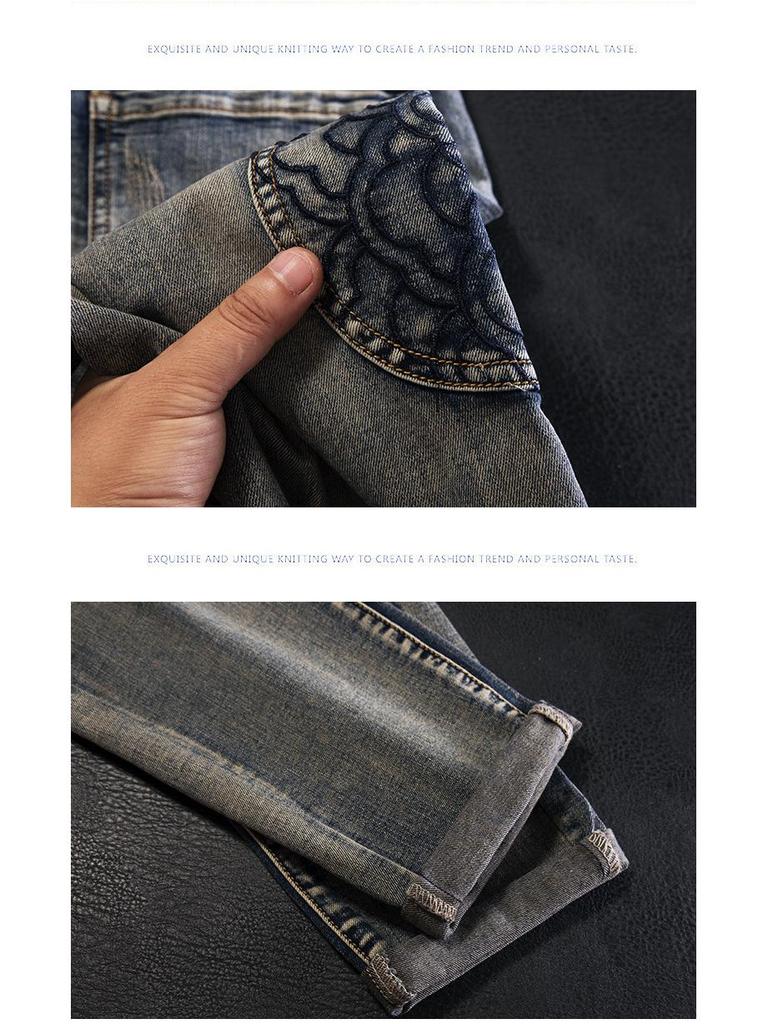Men's Slim-Fit Retro Embroidered Motorcycle Jeans