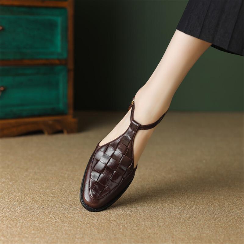 Fashion New Summer Genuine Leather Sandals Women 2025 Round Toe Shoes Chunky Heel Cover Toe Sandals for Women Handmade Cow Leather Shoes